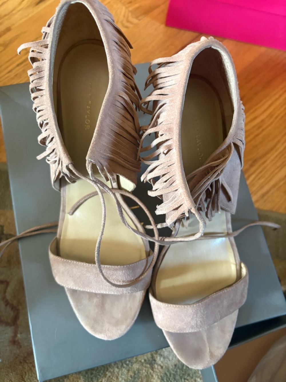 Ann Taylor Fringe Lace-Up Heeled Sandals in Taupe Suede